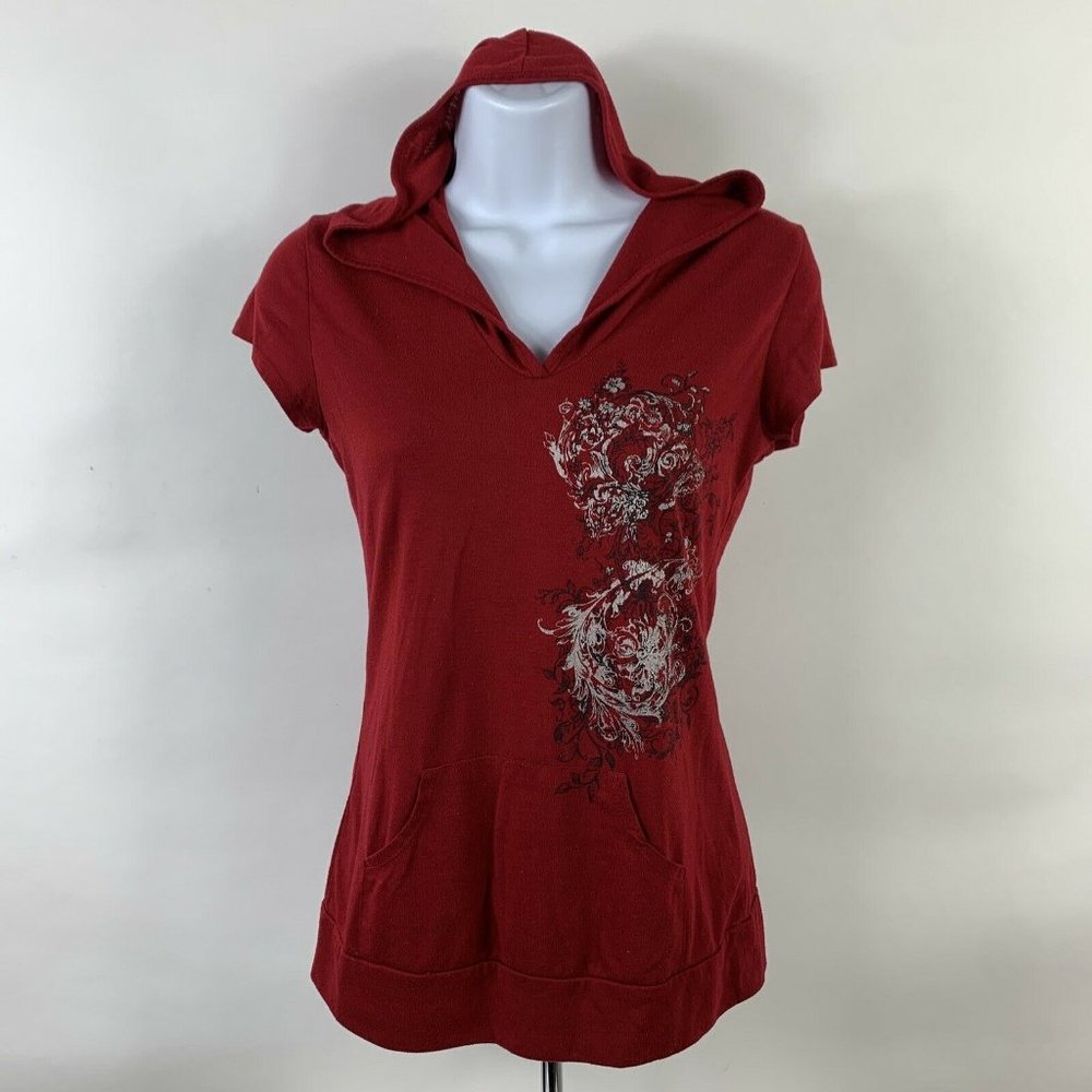 One Clothing Hooded T Shirt Girl's Youth Large Short Sleeve Red Floral Casual